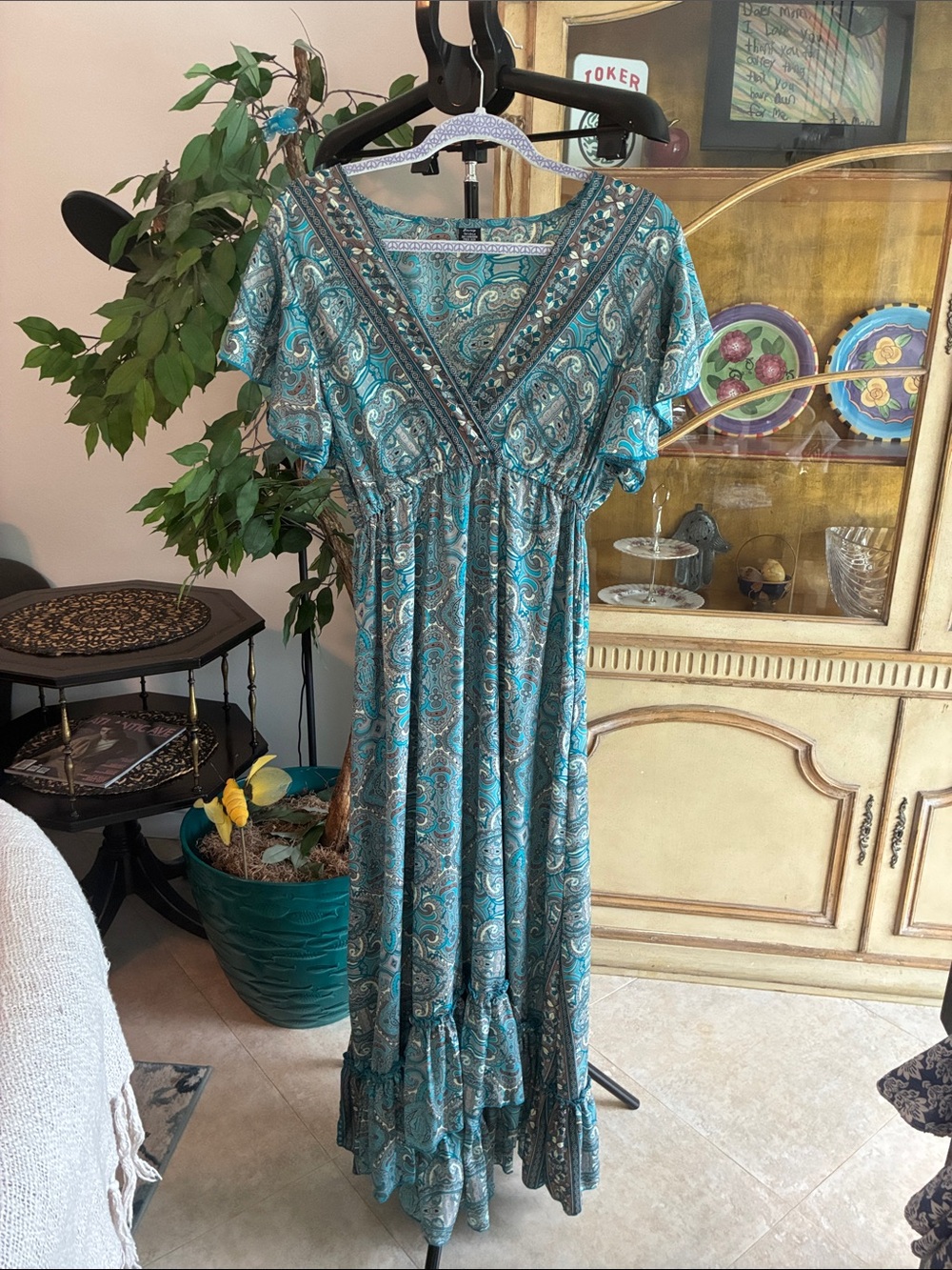 Zury Silk Blend Bohemian Teal Paisley Maxi Dress Free Size